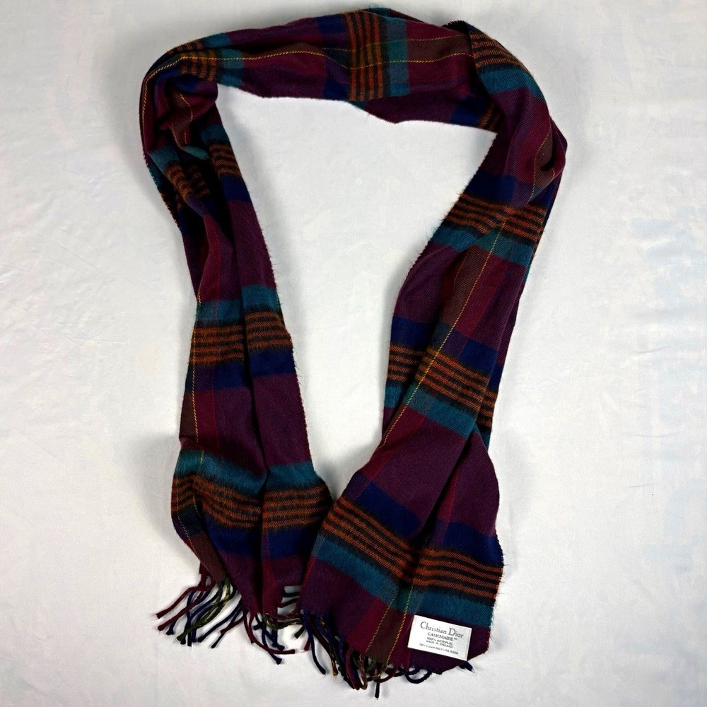 Vintage Christian Dior Cashmaire Woven Acrylic Plaid Fringe Scarf Fall Colors